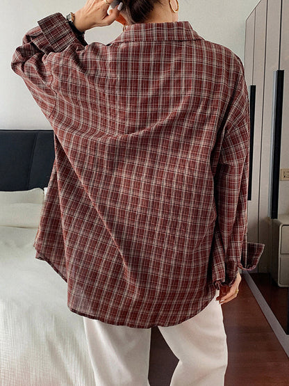 Long Sleeves Loose Buttoned Plaid Lapel Blouses&Shirts Tops