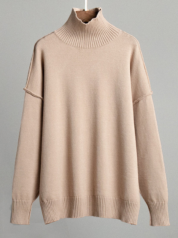 Long Sleeves Loose Solid Color Split-Joint High Neck Pullovers Sweater Tops