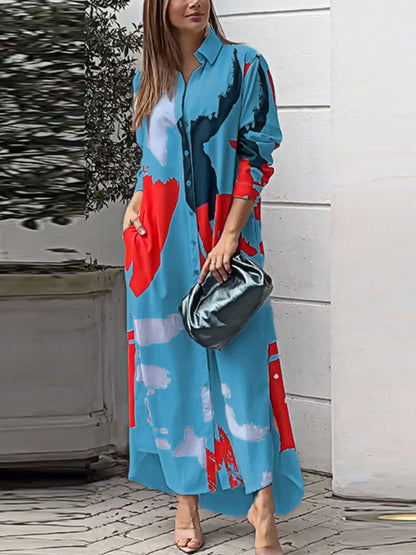 Printed Pockets Buttoned Loose Long Sleeves Lapel Shirt Dress Maxi Dresses