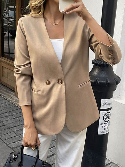 Long Sleeves Loose Buttoned Solid Color Split-Joint Collarless Blazer Outerwear