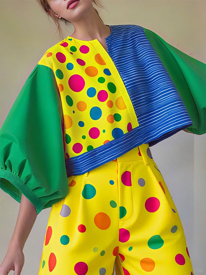 Half Sleeves Loose Contrast Color Pleated Polka-Dot Round-Neck Blouses&Shirts Tops