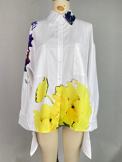 Chemisiers et chemises à manches longues, boutonnés, imprimés de fleurs, poches, col montant fendu sur le côté 