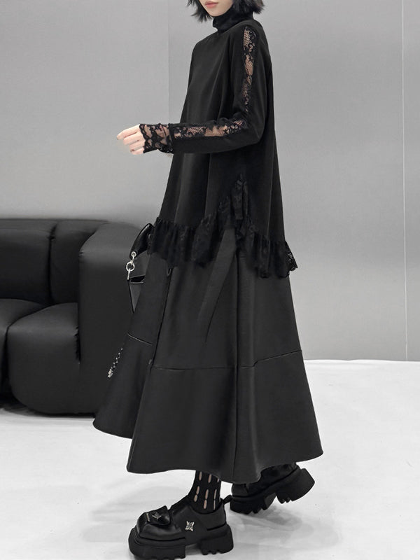 Hipster Long Sleeves See-Through Split-Joint High Neck T-Shirts Tops