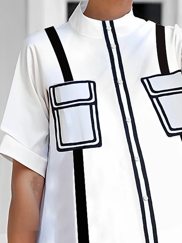 A-line Half Sleeves Buttoned Contrast Color Pockets Mock Neck Blouses&shirts Tops