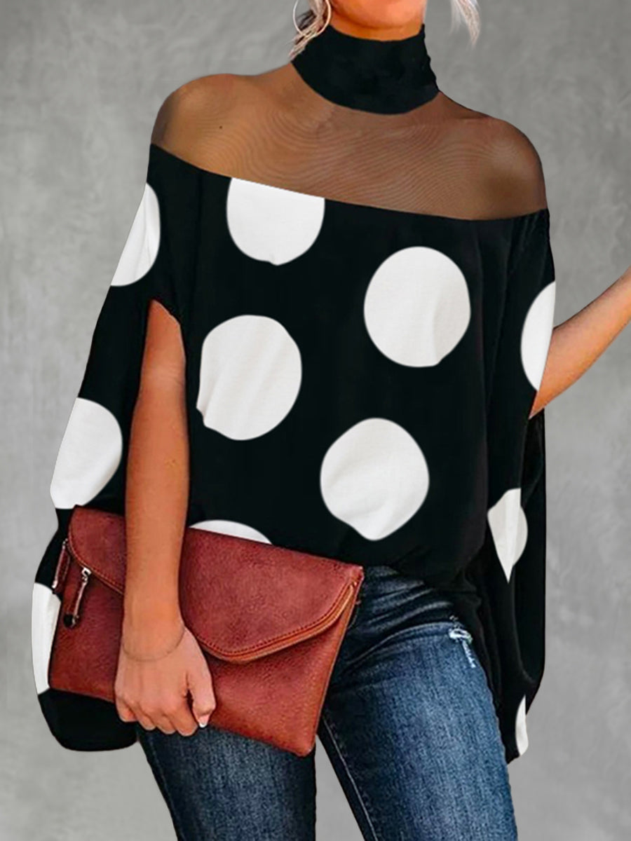 Split-Joint See-Through Polka-Dot Contrast Color Loose Cape High-neck Blouses&shirts Tops