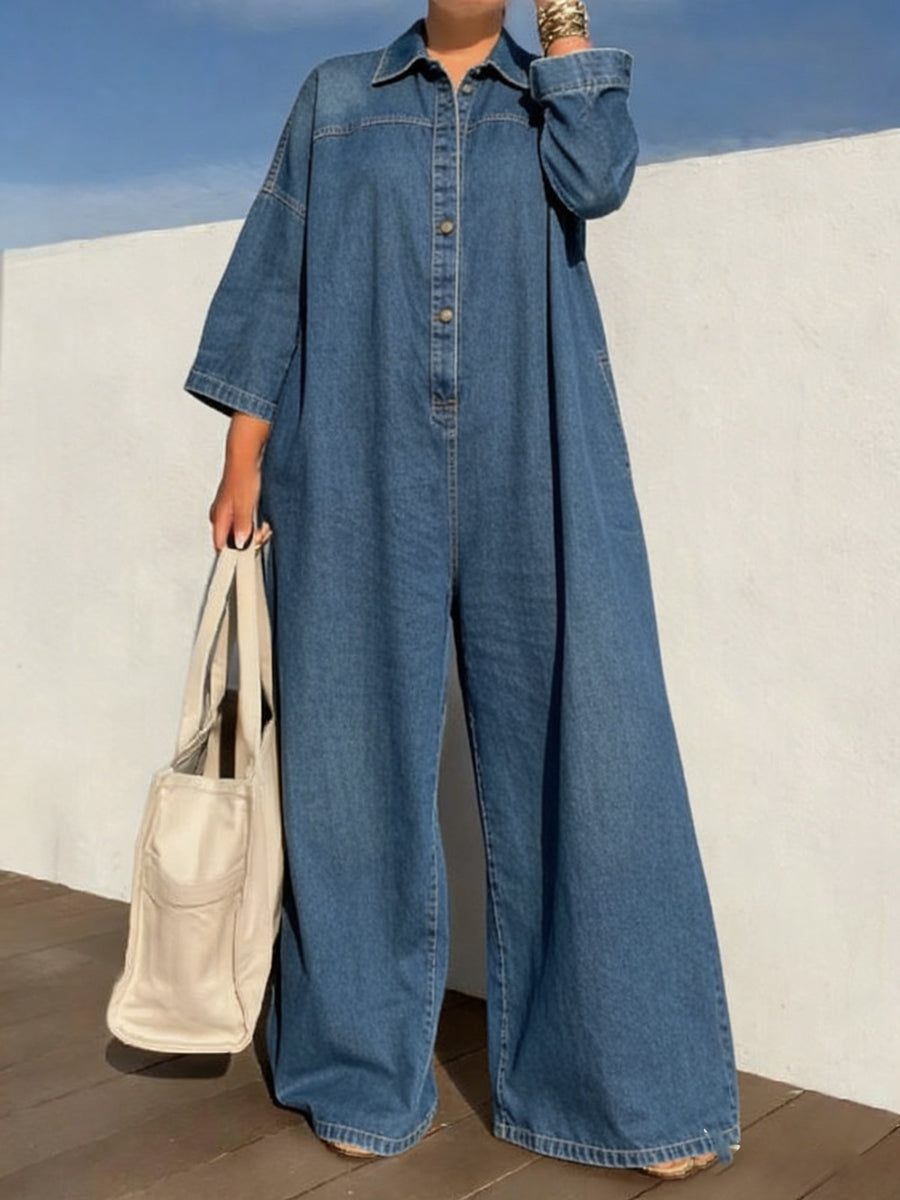 Loose Three-quarter Sleeves Buttoned Pockets Solid Color Split-Joint Lapel Jumpsuits