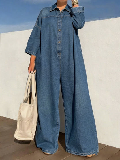 Loose Three-quarter Sleeves Buttoned Pockets Solid Color Split-Joint Lapel Jumpsuits