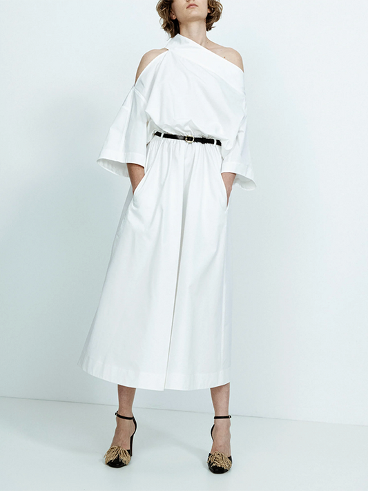 Long Sleeves Loose No Belt Solid Color Off-The-Shoulder Midi Dresses