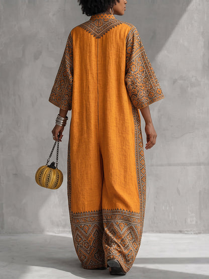 Printed Pockets Contrast Color Three-quarter Sleeves V-neck Jumpsuits