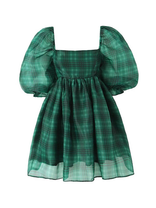 A-Line High Waisted Plaid Pleated Square-Neck Mini Dresses