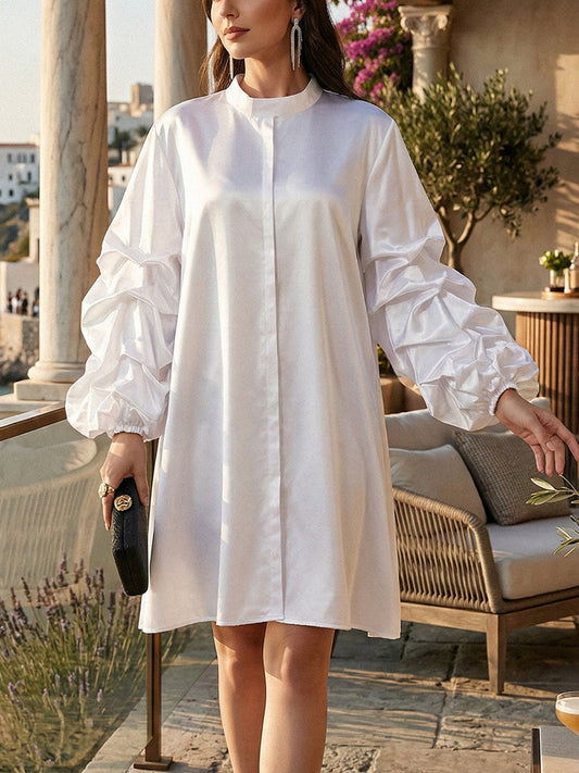 Long Sleeves Loose Pleated Solid Color Split-Joint Stand Collar Mini Dresses