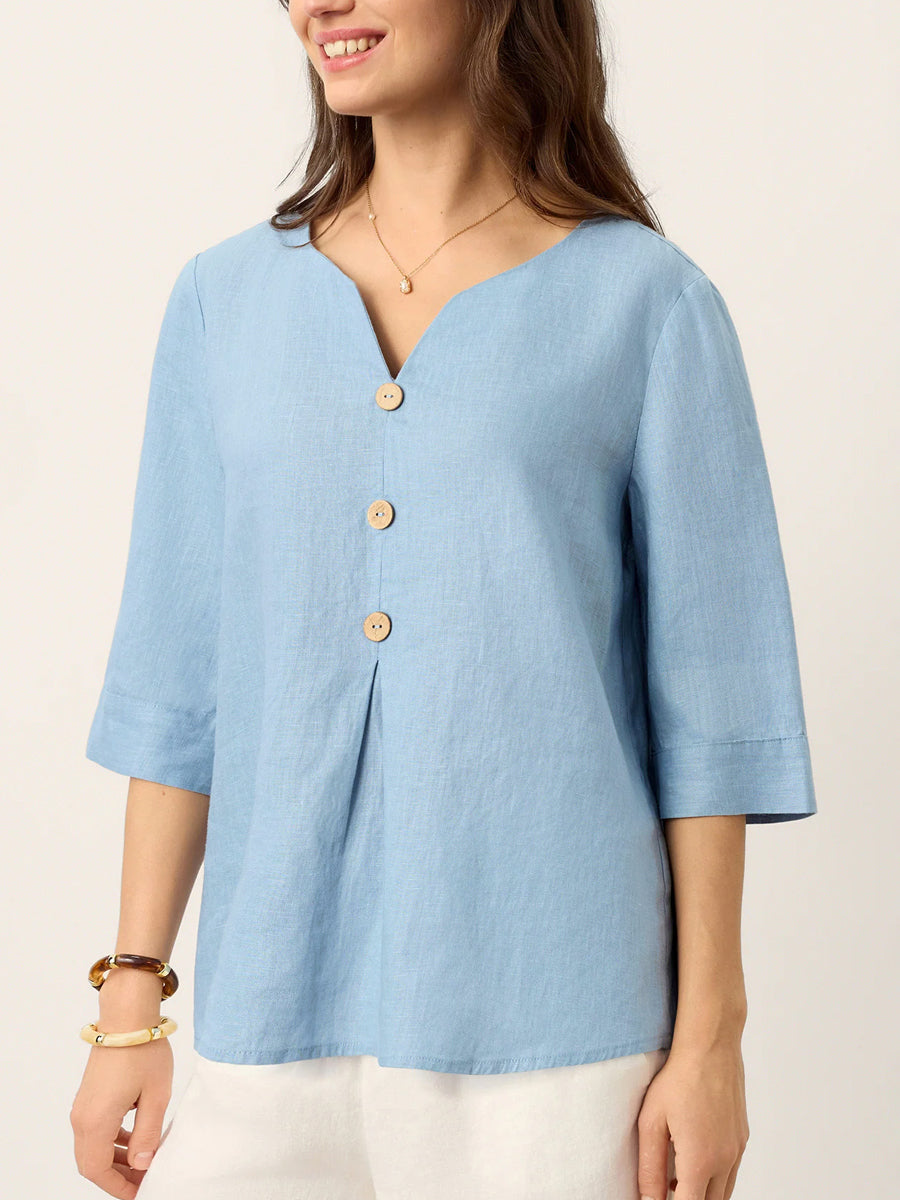 Loose Three-Quarter Sleeves Buttoned Solid Color V-Neck Blouses&Shirts Tops