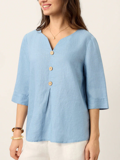 Loose Three-Quarter Sleeves Buttoned Solid Color V-Neck Blouses&Shirts Tops