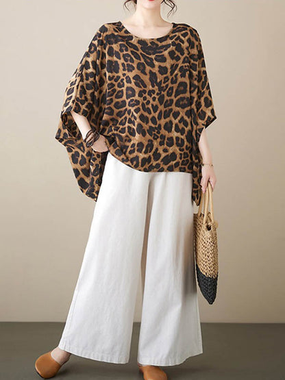 Batwing Sleeves Loose Leopard Round-Neck T-Shirts Tops