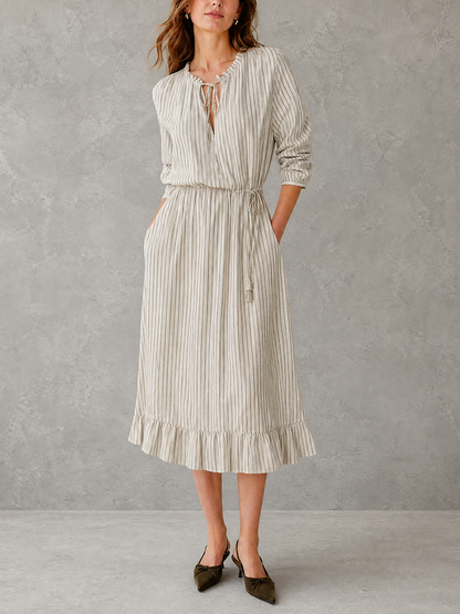 Tied Striped Split-Joint Ruffle Trim Pockets Three-quarter Sleeves Loose V-neck Blouses&shirts Tops
