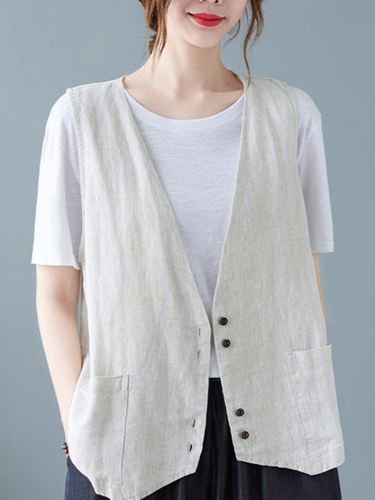 Simple Loose V-Neck Solid Color Vest
