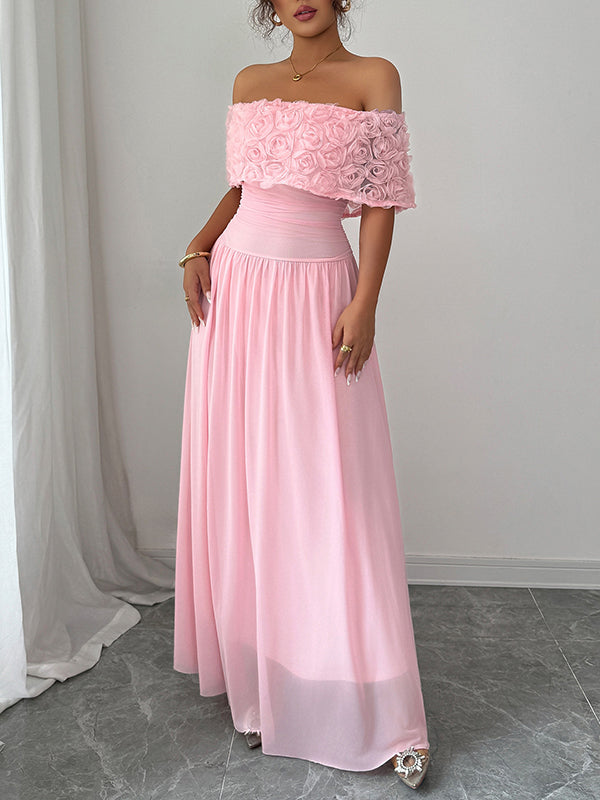 A-Line Half Sleeves Pleated Solid Color Split-Joint Three-Dimensional Flower Off-The-Shoulder Maxi Dresses