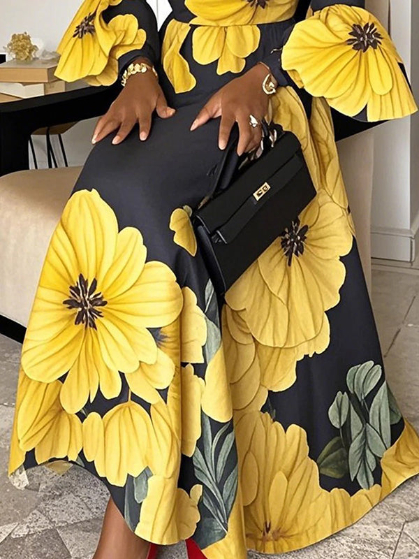 Flared Sleeves Long Sleeves Contrast Color Flower Print Round-Neck Maxi Dresses