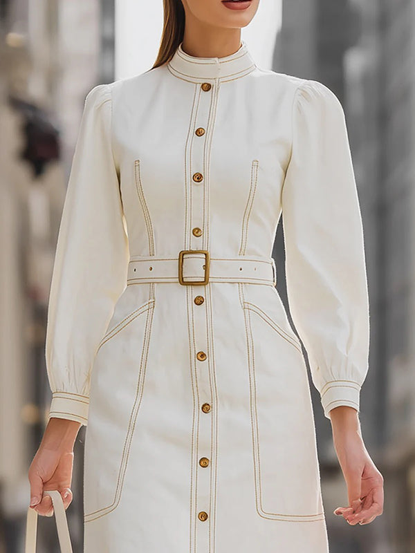 Long Sleeves Buttoned Pleated Pockets Mock Neck Midi Dresses