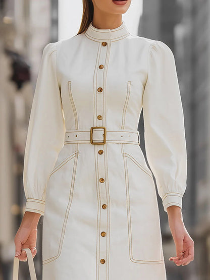 Long Sleeves Buttoned Pleated Pockets Mock Neck Midi Dresses