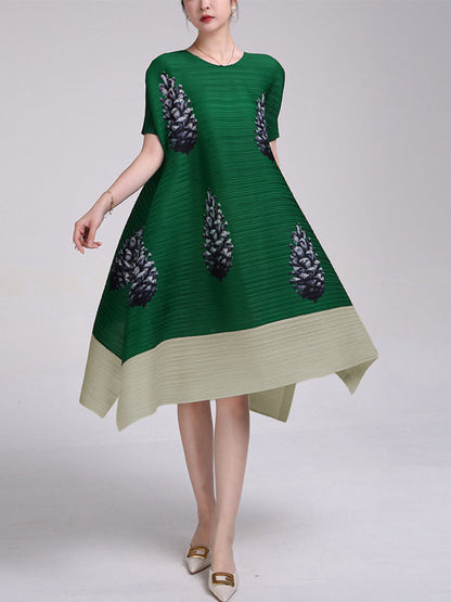 A-Line Loose Flower Print Pleated Round-Neck Midi Dresses