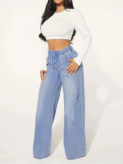 High Waisted Loose Drawstring Elasticity Split-Joint Jean Pants Bottoms
