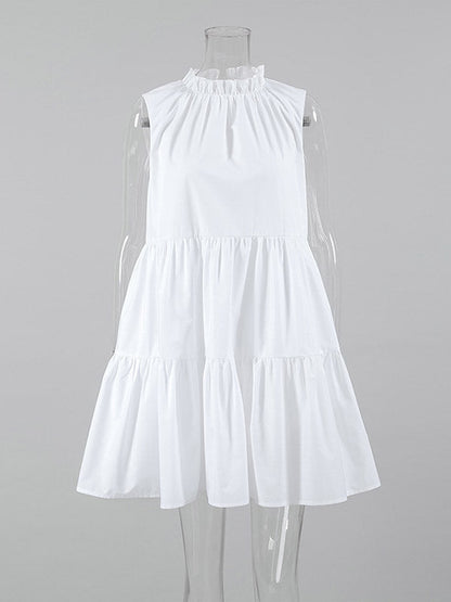 A-Line Loose Pleated Ruffled Solid Color Split-Joint Round-Neck Mini Dresses Shirt Dress