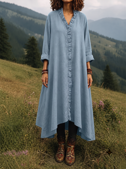 Split-Joint Solid Color Ruffled Loose Long Sleeves V-neck Midi Dresses