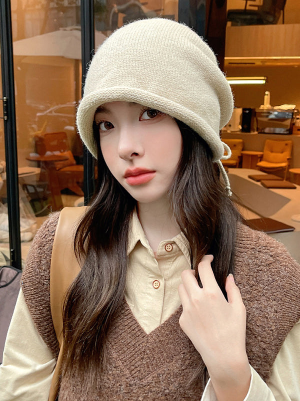 Einfarbige Strickmütze mit Kordelzug zum Warmhalten 