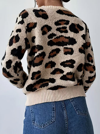 Leopard Loose Long Sleeves Round-neck Sweater Tops Pullovers