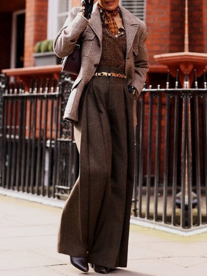 High Waisted Loose Pleated Pockets Solid Color Pants Trousers