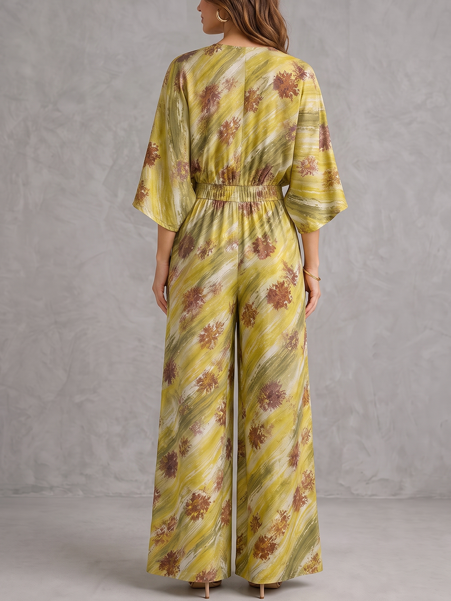 Printed Pockets Elasticity Buttoned Wide Leg High Waisted V-neck Jumpsuits