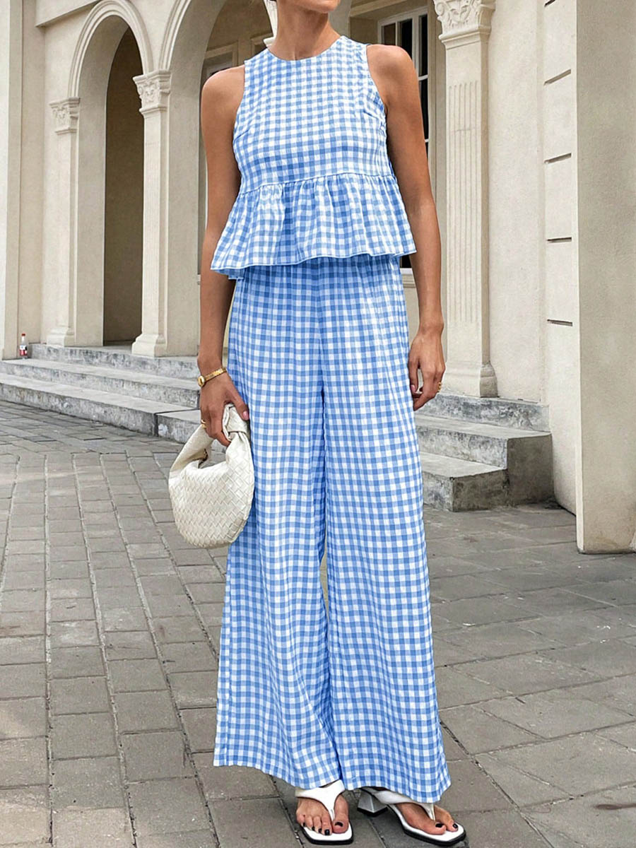 A-Line Loose Plaid Pleated Split-Joint Round-Neck Vest Top + Pants Bottom Suits