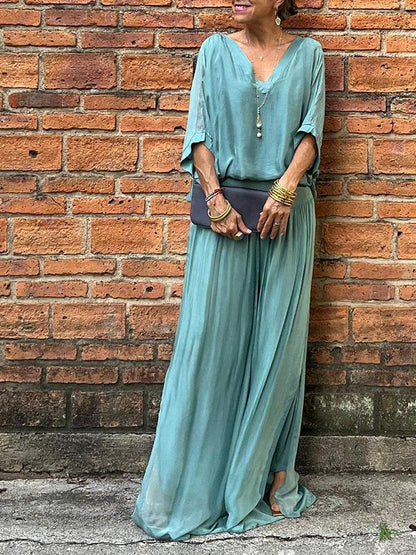 Olive | Women's V-Neck Batwing Sleeve Wide Leg Jumpsuit 2 Piece