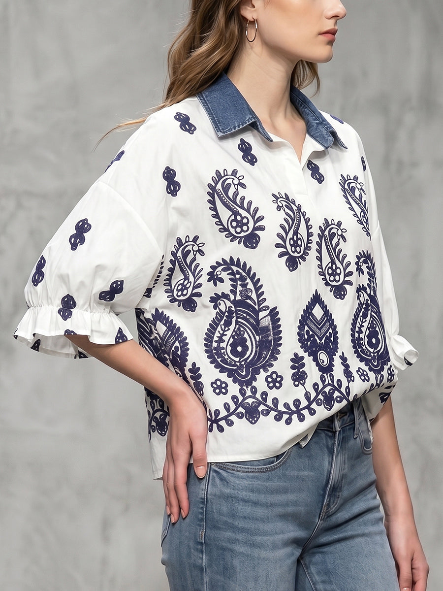 Ruffle Sleeves Three-Quarter Sleeves Embroidered Pleated Split-Joint Lapel Blouses&Shirts Tops