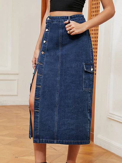 Loose Buttoned Pockets Split-Front Denim Skirts Bottoms