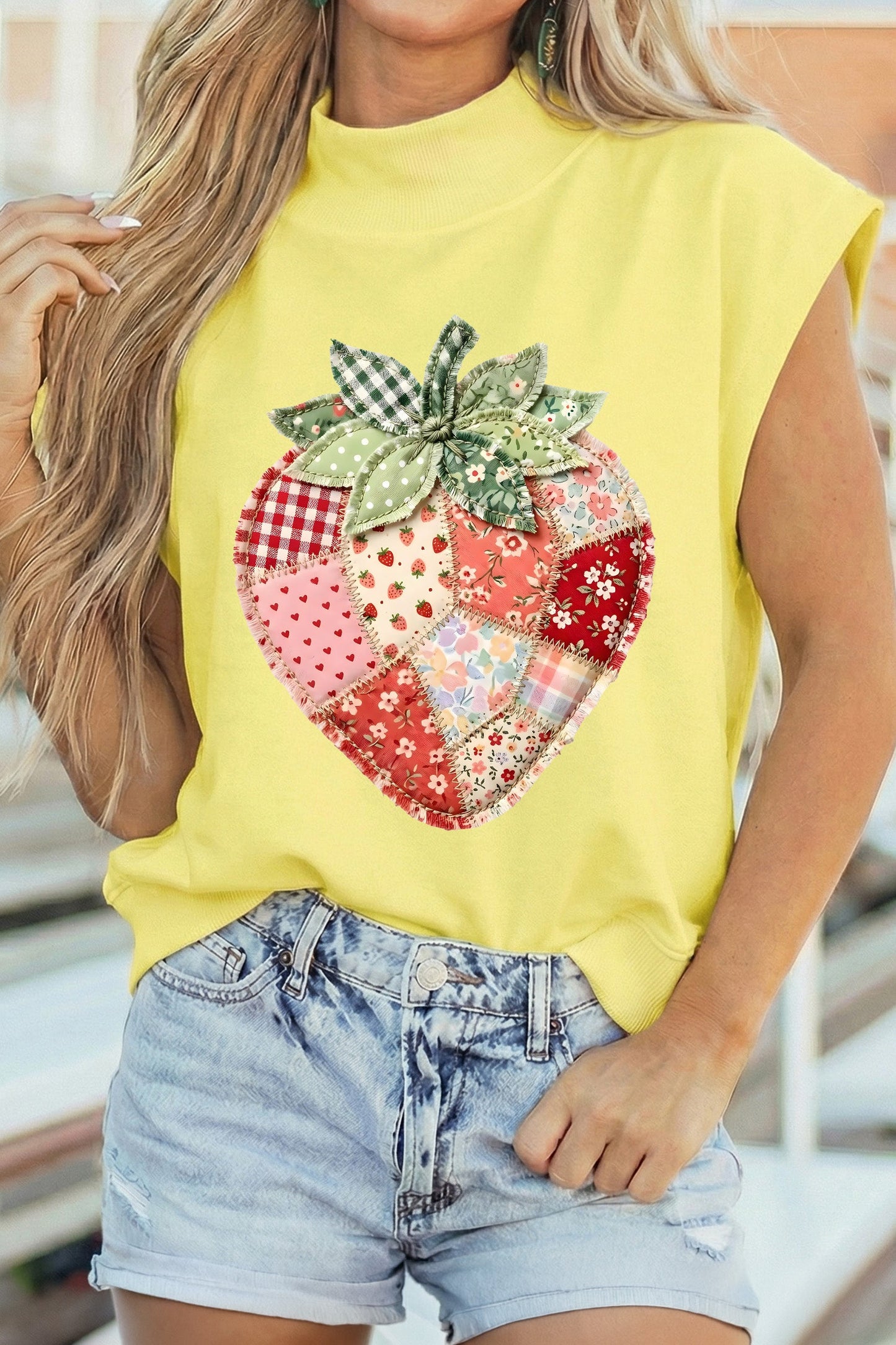 Yellow Faux Patchwork Strawberry Printed Mock Neck Tee