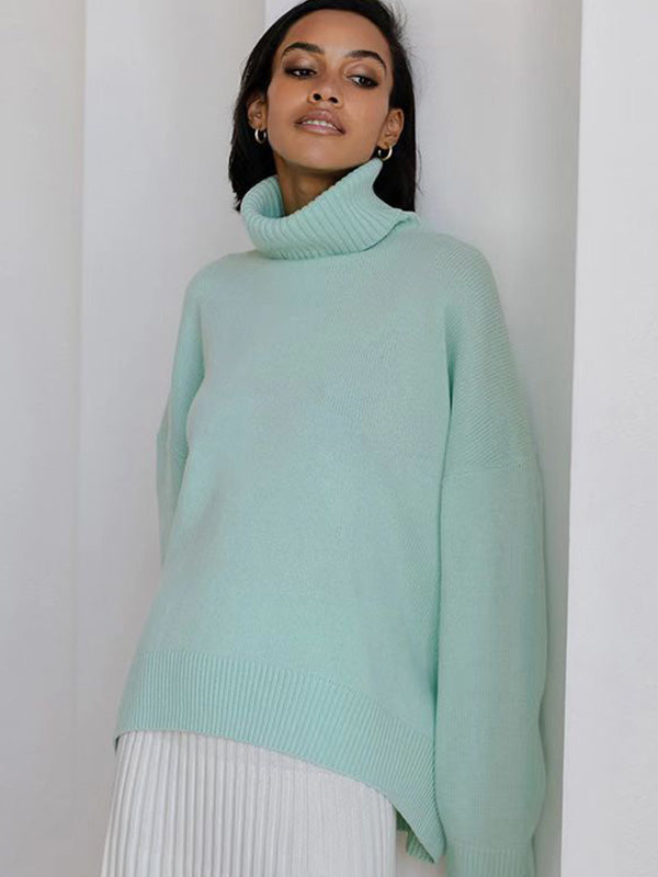 Casual Long Sleeves Loose Solid Color High-Neck Sweater Tops GREEN