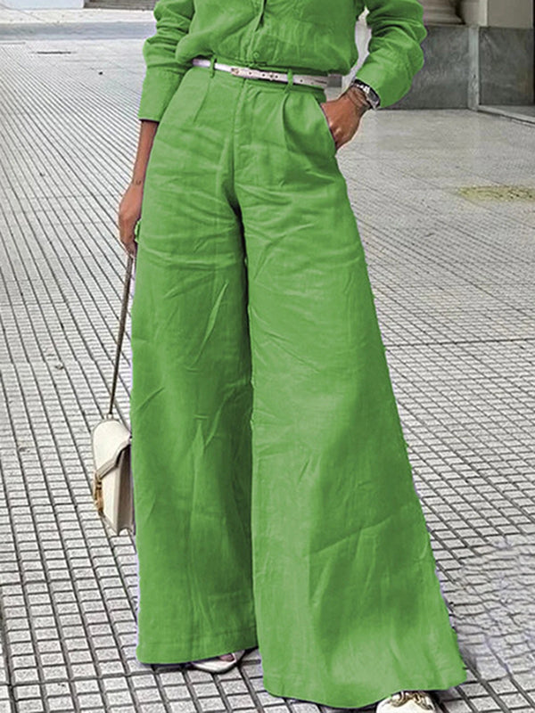High Waisted Loose Solid Color Split-Joint Pants Trousers GREEN