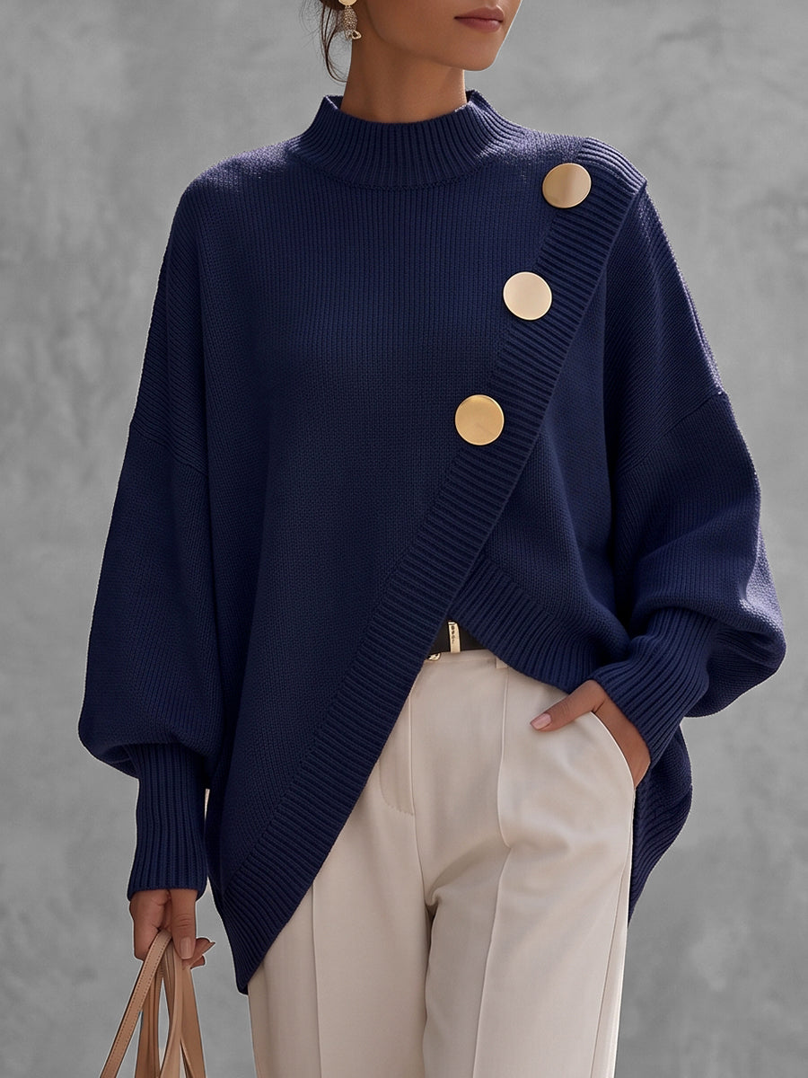 Solid Color Ribbed Buttoned Asymmetric Loose Long Sleeves Mock Neck Sweater Tops Pullovers