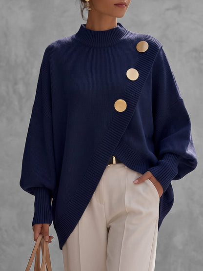 Solid Color Ribbed Buttoned Asymmetric Loose Long Sleeves Mock Neck Sweater Tops Pullovers