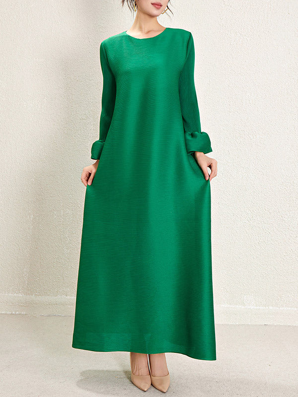 A-Line Loose Pleated Solid Color Round-Neck Maxi Dresses GREEN One_size