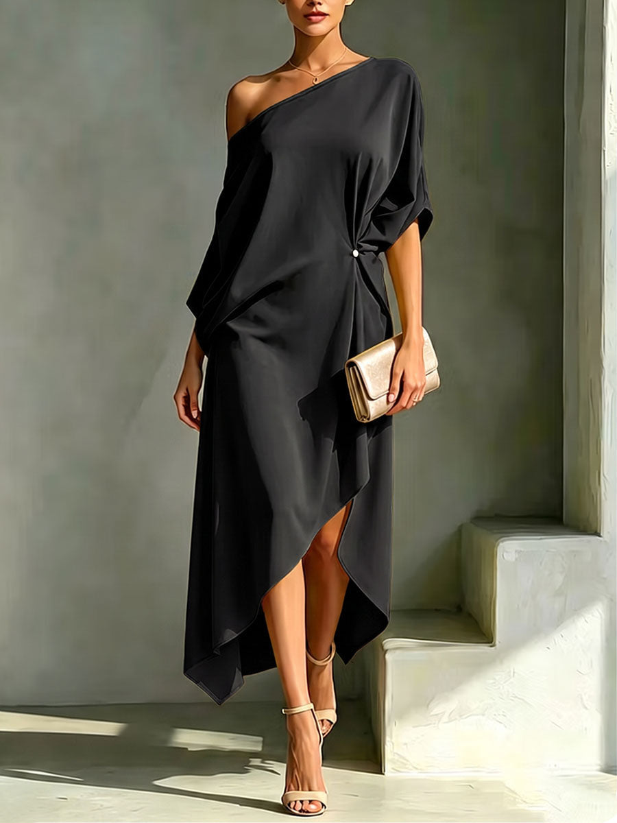 Solid Color Buttoned Backless Asymmetric Loose High-low One-shoulder Maxi Dresses