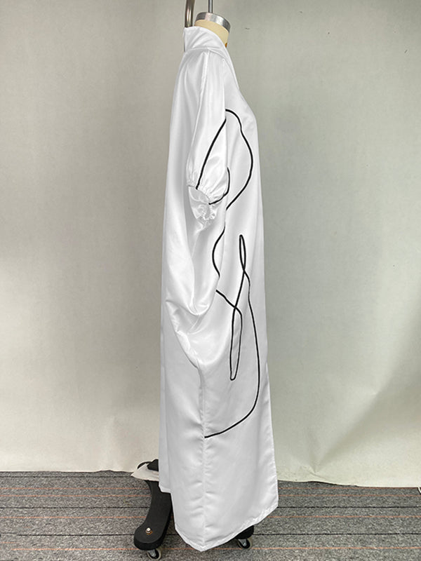 Half Sleeves Loose Elasticity Printed Split-Front Stand Collar Maxi Dresses