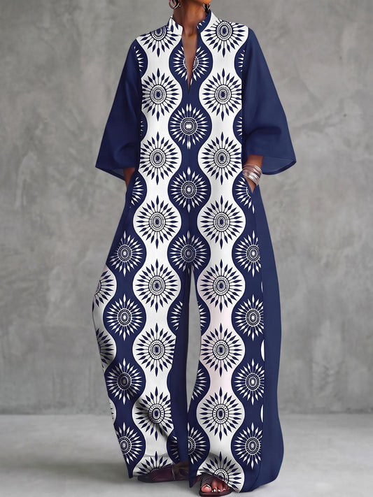 Printed Pockets Contrast Color Wide Leg Three-quarter Sleeves V-neck Jumpsuits