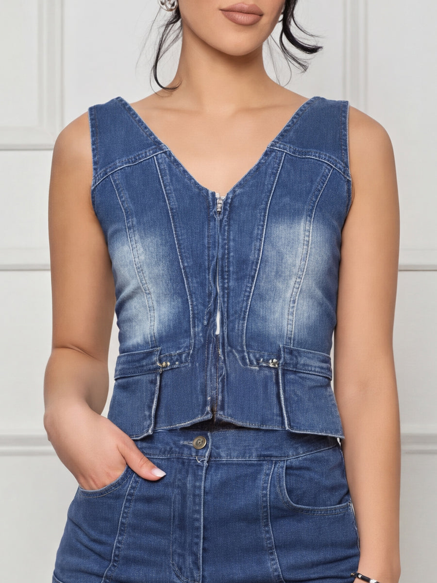 Sleeveless Pleated Solid Color Split-Joint Zipper Deep V-Neck Vest Top