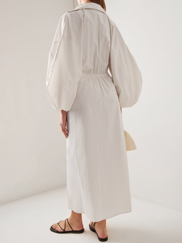 Long Sleeves Loose No Belt Solid Color V-Neck Maxi Dresses