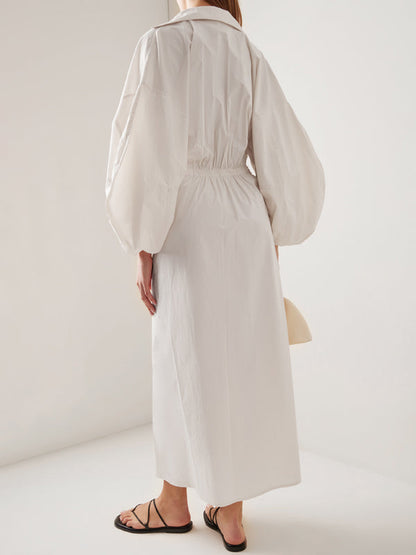 Long Sleeves Loose No Belt Solid Color V-Neck Maxi Dresses