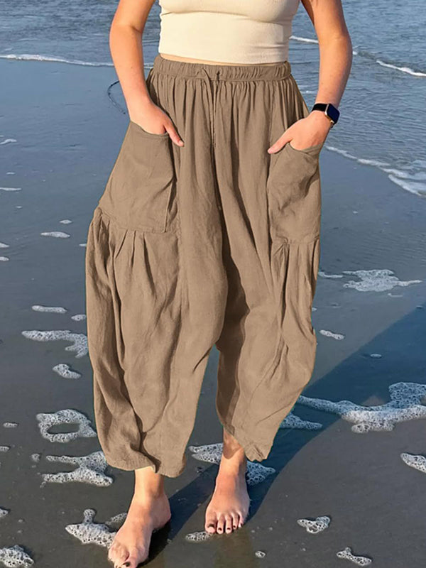 Pantalon taille haute ample avec cordon de serrage et poches plissées, couleur unie 