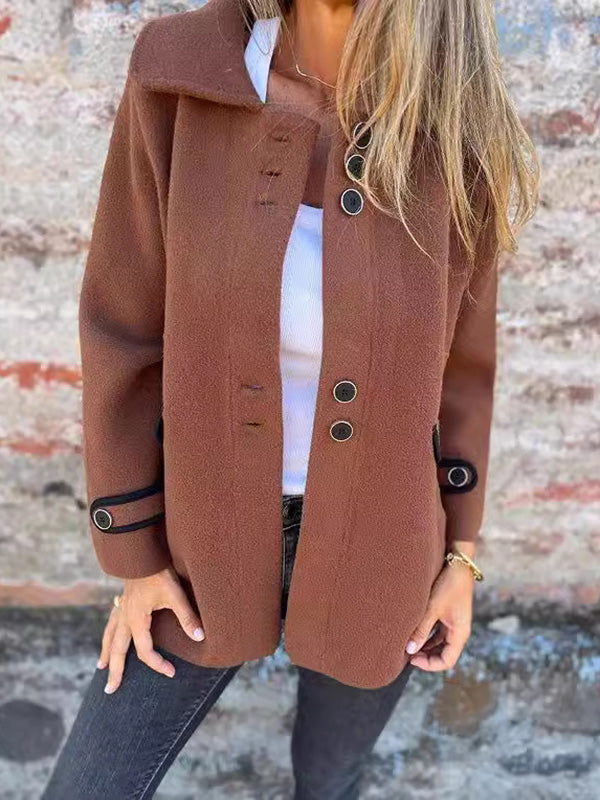 Long Sleeves Loose Buttoned Split-Joint Lapel Outerwear BROWN